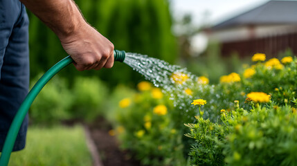 gardener hand holding green hose watering plants in rich garden water stream nourishes blooming yellow flower green foliage summer activity promoting healthy plant growth backyard maintenance