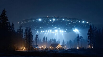 Large unidentified flying object with bright lights hovers over a snowy village in a forest at night, creating a mysterious and otherworldly scene