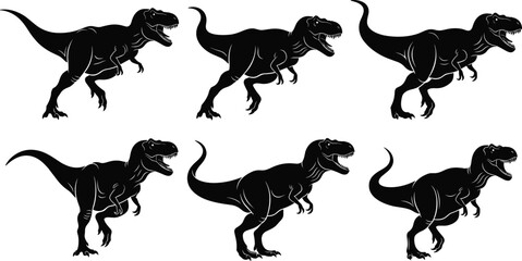 Tyrannosaurus rex silhouette vector set, T-rex dinosaur clipart, prehistoric predator illustration, roaring pose design, Jurassic theme artwork, black dino elements