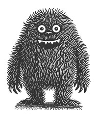 A charming, black furry monster smiles on a clean white background. Vintage style woodcut engraving linocut style vector illustration.