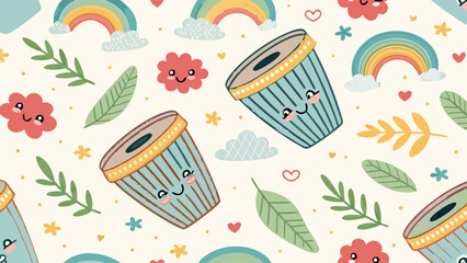 Charming Cartoon Seamless Pattern Featuring Cute Drums with Happy Faces and Rainbows amidst Lush Green Leaves and Clouds