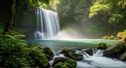 A cascading waterfall plunges into a turquoise pool surrounded by lush green foliage and moss-covered rocks in a vibrant rainforest.