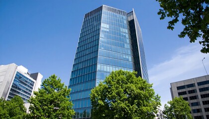 Obraz premium Modern high-rise building amidst greenery.