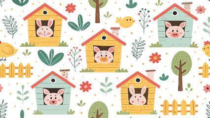 Naklejka premium Adorable Farm Animals Seamless Pattern Pigs, Rabbits, Chickens & Houses