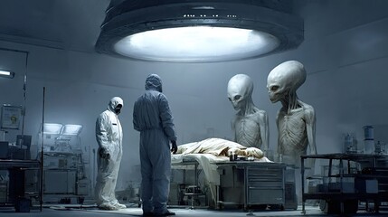 Scientists in hazmat suits are observing two extraterrestrial beings standing next to a covered body on a metal table in a laboratory or medical facility. Illuminated by a large. Round light fixture