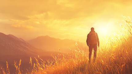 Fototapeta premium Adventurer silhouetted against warm sunrise over mountainous vista evokes tranquility