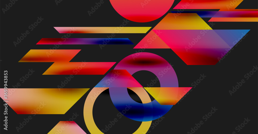 Poster abstract composition. vivid gradients, geometric shapes overlap creating dynamic visual experience. 