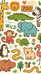 Obraz premium Colorful cartoon zoo animals illustration.
