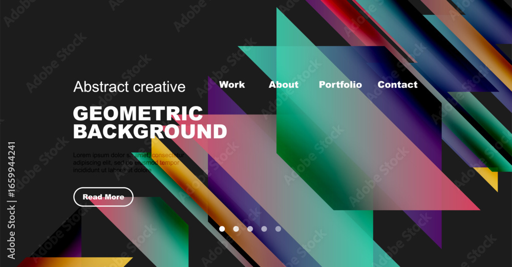 Poster modern website mockup features vibrant geometric shapes, text overlays, navigation menu. dark backgr
