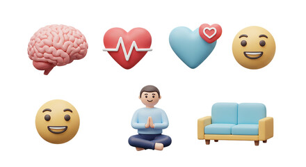 3D Brain, Heartbeat, Social Heart, Happy Emoji, Meditation aur Sofa Icons ka Set