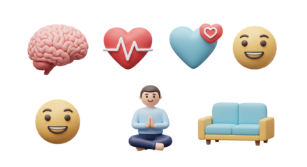 3D Brain, Heartbeat, Social Heart, Happy Emoji, Meditation aur Sofa Icons ka Set