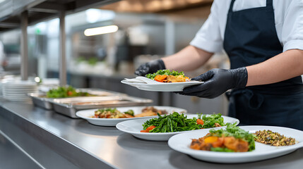 canteen worker serving food on plate from buffet person wearing black gloves cook in white shirt dark apron serving meal in cafeteria variety of dishes on display food preparation catering
