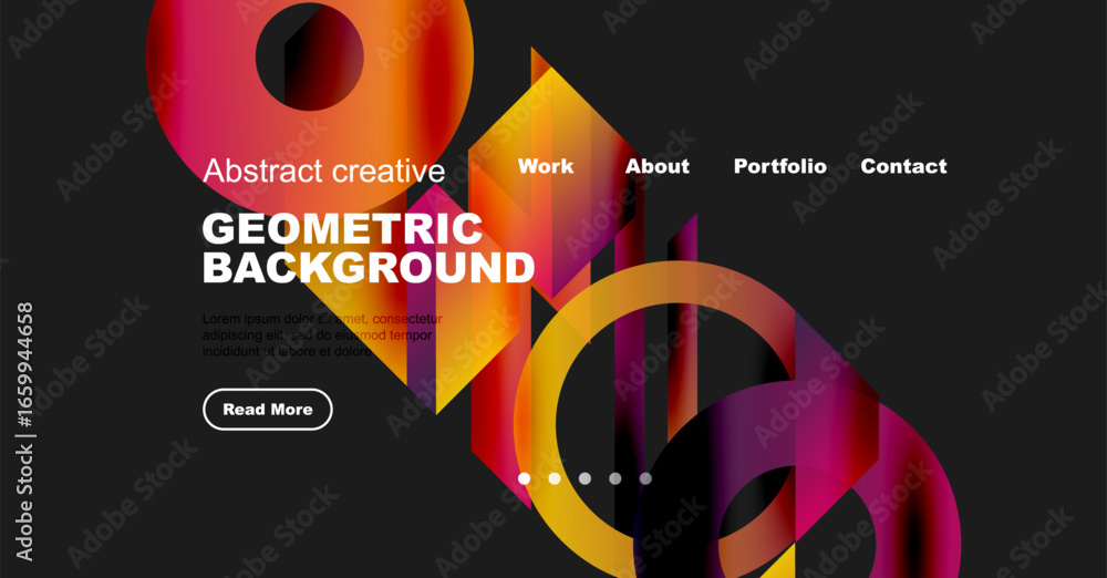 Poster modern website design features vibrant geometric shapes, bold typography, dark background. includes 