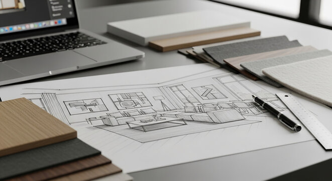 Sketch of modern living room design on desk with material samples, laptop, and pen, showcasing interior design process and concept