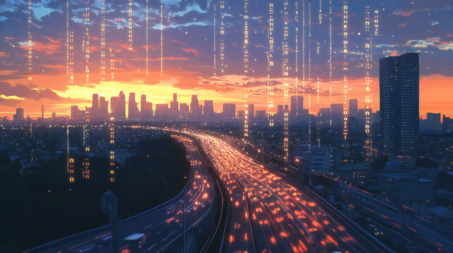 Futuristic cityscape at dusk with digital overlay showing data flow in an urban setting