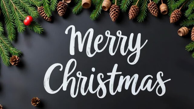 Merry Christmas greeting with pine cones and branches on dark background  