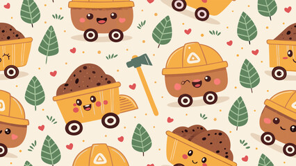 Seamless Pattern of Smiling Cartoon Mining Carts and Green Leaves Design