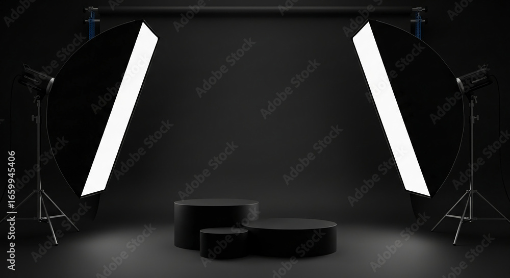 Poster dark studio scene with three black cylindrical platforms, illuminated by softbox lights, providing a