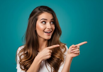 Obraz premium Young woman pointing to the side with a surprised expression