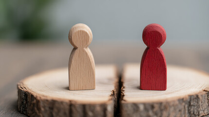 wooden figures symbolize connection separation on split wood slices showing relationship contrasts one figure raw wood red visual metaphor addresses partnership dynamics communication