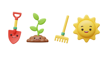  Cute 3D Gardening Icons: Shovel, Sprout, Rake, and Sun
