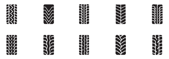 Car tire tracks vector, icon design. Tire tracks, rubber wheels, and braking marks. Truck, car, tread pattern silhouettes. Perfect for auto racing, speed-related designs. Vector Illustration. EPS 10 © Jeremy_Show