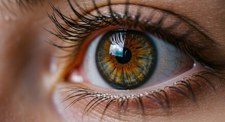 Close-up of a human eye with brown and yellow iris and long eyelashes