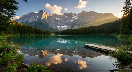 Serene lake scene with a wooden dock and majestic mountains in the background at sunrise