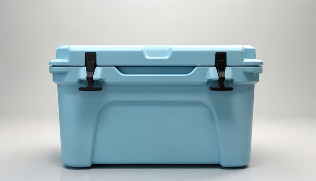 Durable blue ice chest cooler features high capacity, rotomolded plastic construction for outdoor adventures. Portable design includes secure lid, convenient handles, keeping food, drinks fresh, cool