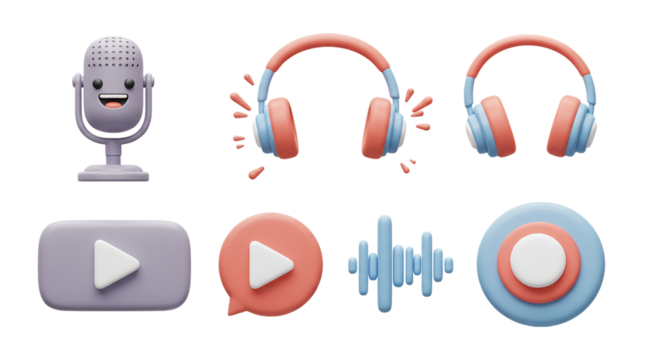 Cute 3D Multimedia & Audio Icons: Microphone, Headphones, Play Button, and Sound Wave