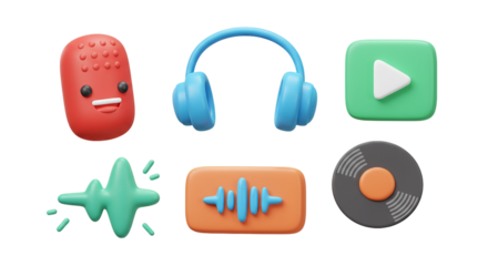Cute 3D Multimedia & Audio Icons: Microphone, Headphones, Play Button, Sound Wave, and Vinyl Record