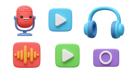 Cute 3D Multimedia & Audio Icons: Microphone, Play Buttons, Headphones, and Sound Wave