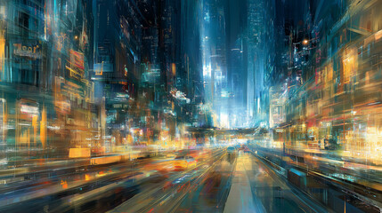 Overlapping ethereal layers of a bustling futuristic cityscape, with transparent skyscrapers revealing the vibrant city life beneath, detailed traffic trails, full HD.