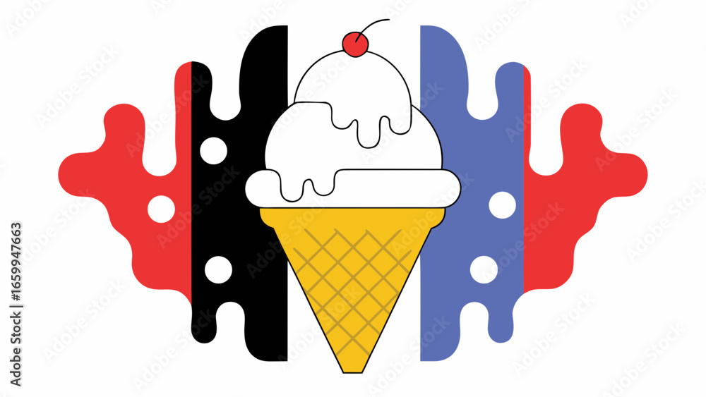 Aufkleber Vector of Ice cream cone with cherry topping and abstract colorful background design