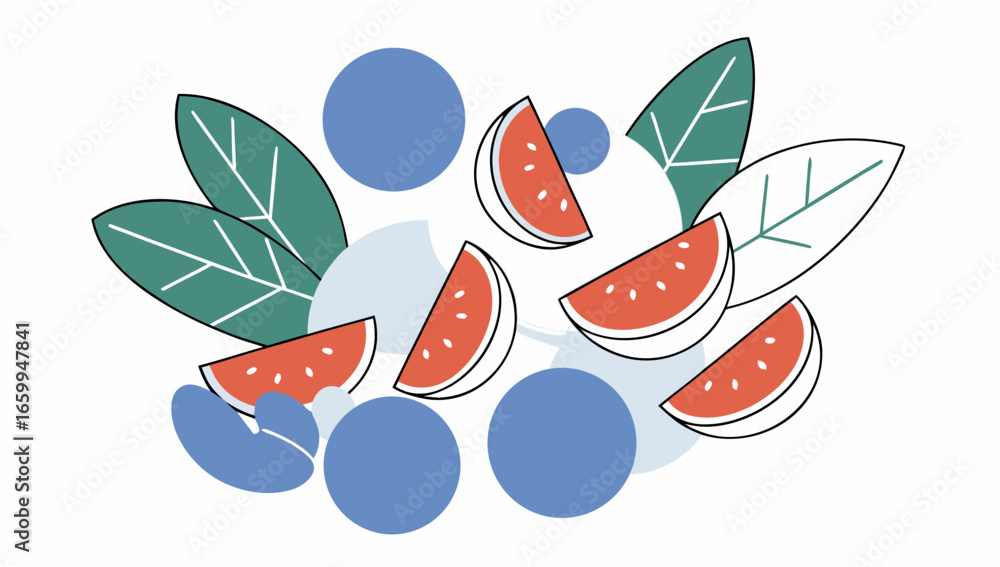 Poster vector of fresh watermelon slices with green leaves and abstract blue circles create playful summer 