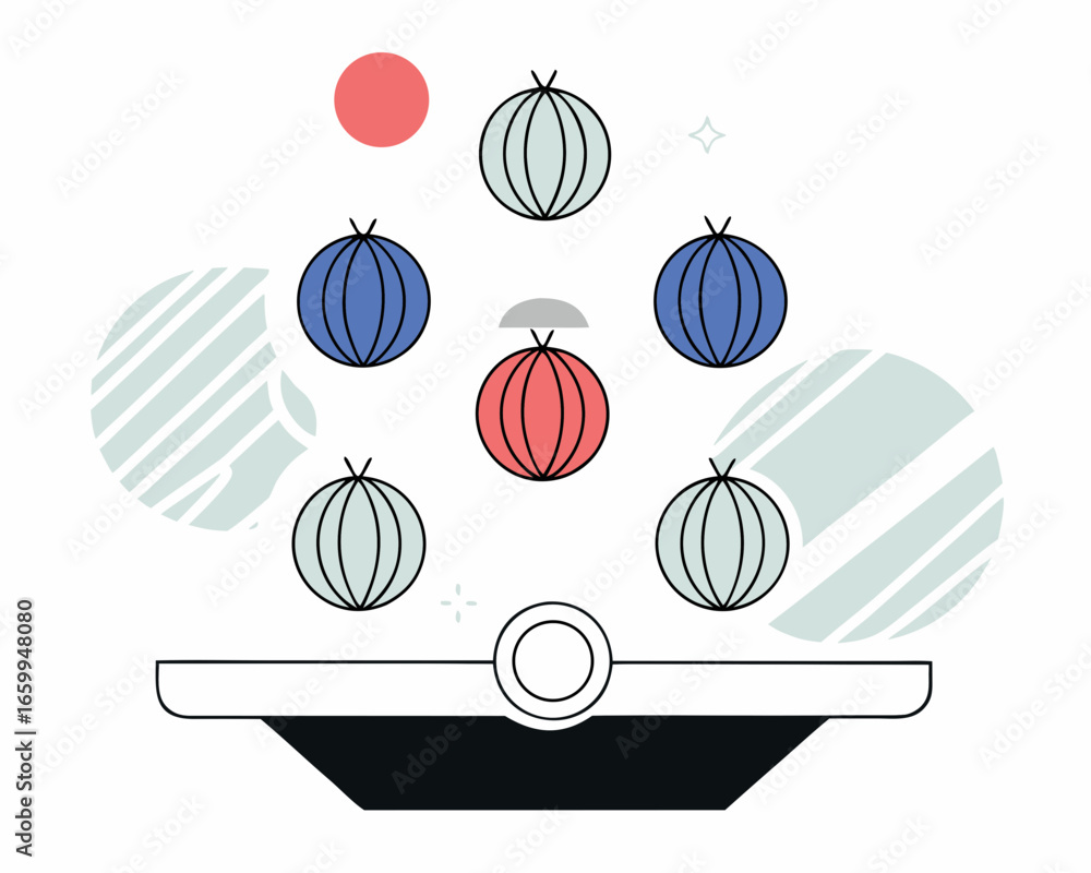 Poster Vector of Colorful onions floating above modern black tray with abstract shapes in background