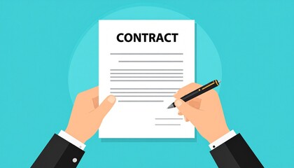 A person's hands signing a contract document with a pen on a light blue background.