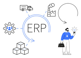 ERP text in circle with arrows connecting logistics, human resources, factory, and innovation. Ideal for business management, supply chain, innovation, automation, process improvement efficiency