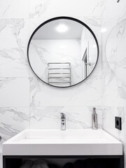 Bathroom interior. Modern white sink with faucet and mirror and white marble walls. Modern interior.