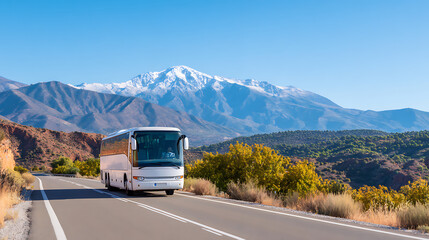 white passenger bus drives on highway against backdrop of mountain landscape and blue sky public transport coach for travel and tourism speeds through scenic route
