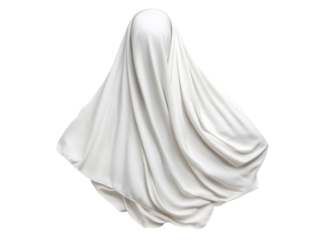 Mysterious ghostly figure draped in flowing white fabric against dark background