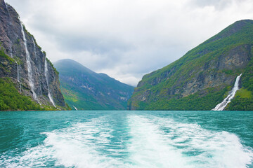 Waterfall falling from a mountain in a fjord in Jotunheimen National Park in Norway, August 6, 2025