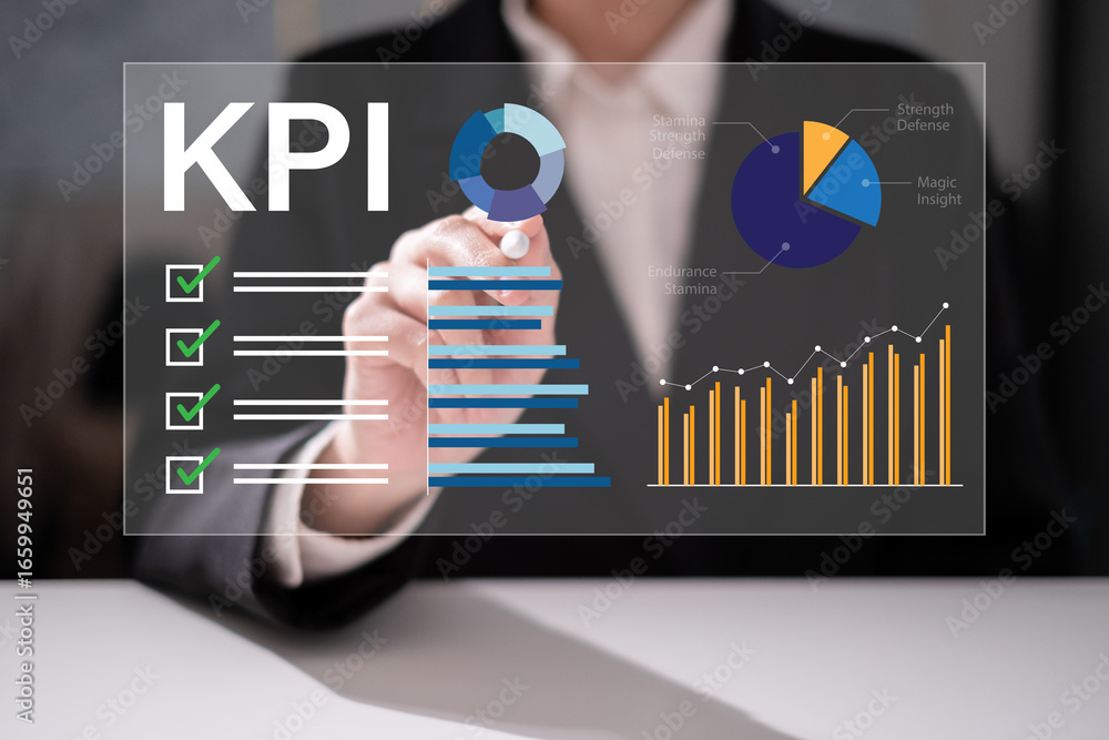 Poster professional entrepreneur business man focus on kpi key performance indicator data analysis project 
