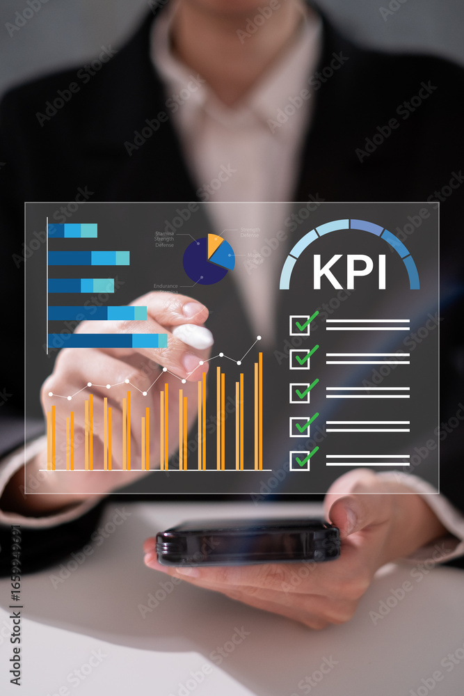 Poster professional entrepreneur business man focus on kpi key performance indicator data analysis project 