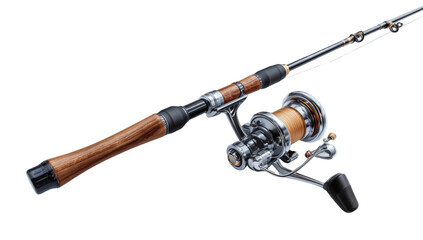 Detailed shot of a fishing rod with reel, showing wood grip and metallic design