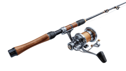 Detailed shot of a fishing rod with reel, showing wood grip and metallic design