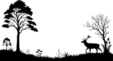 A stylized black and white silhouette of a deer stands in a field with trees in the background, framed in blue, possibly from a game or app.
