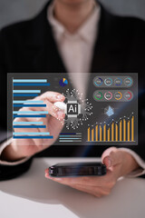 Businessman using artificial intelligence algorithm to analysis data information from social media e-business online shopping platform planning marketing strategy sales improvement technology software