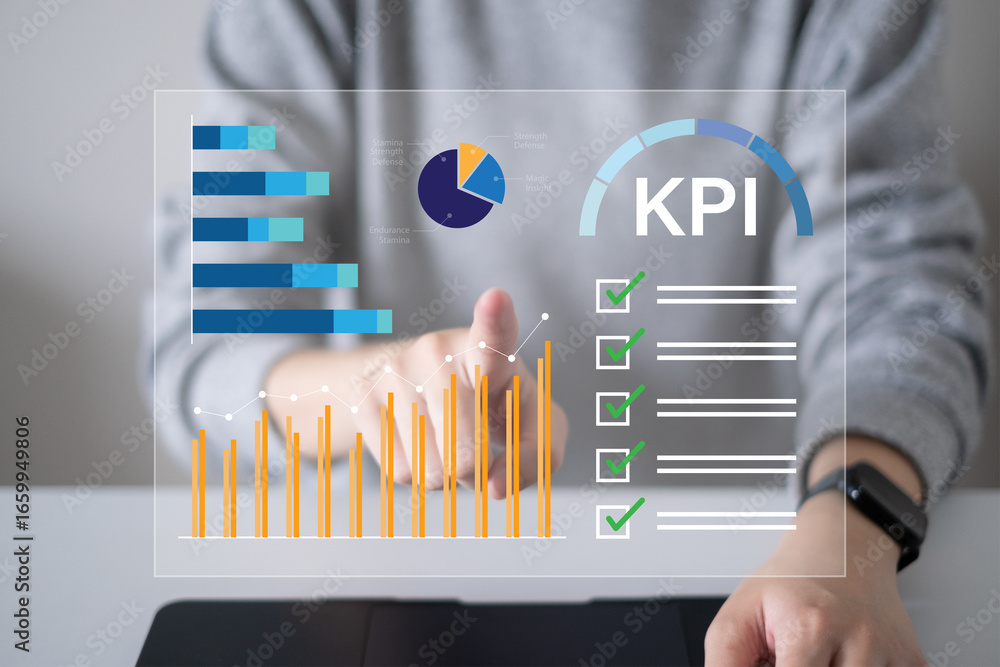 Poster businessman working on kpi dashboard financial goal target management marketing strategy and plannin
