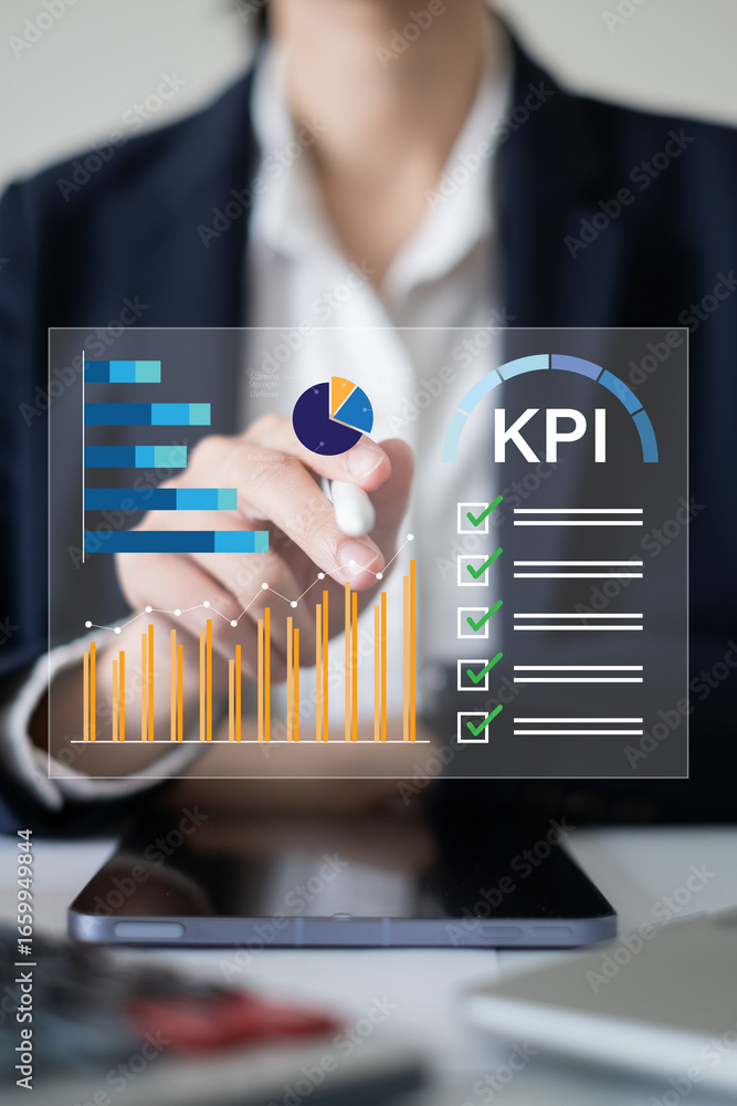 Poster professional entrepreneur business man focus on kpi key performance indicator data analysis project 